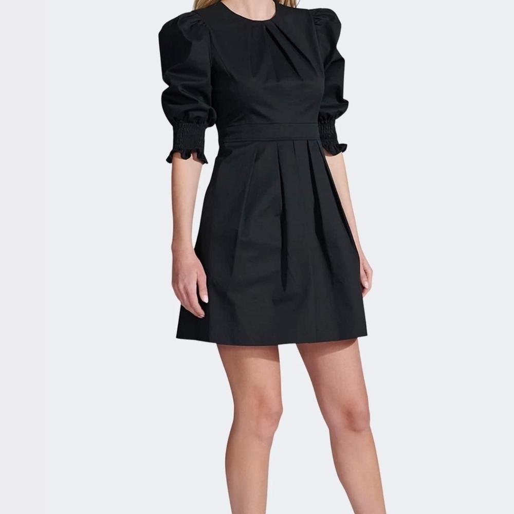 TOCCIN Puff Sleeve Pleated Front Dress Women's Black Dress
